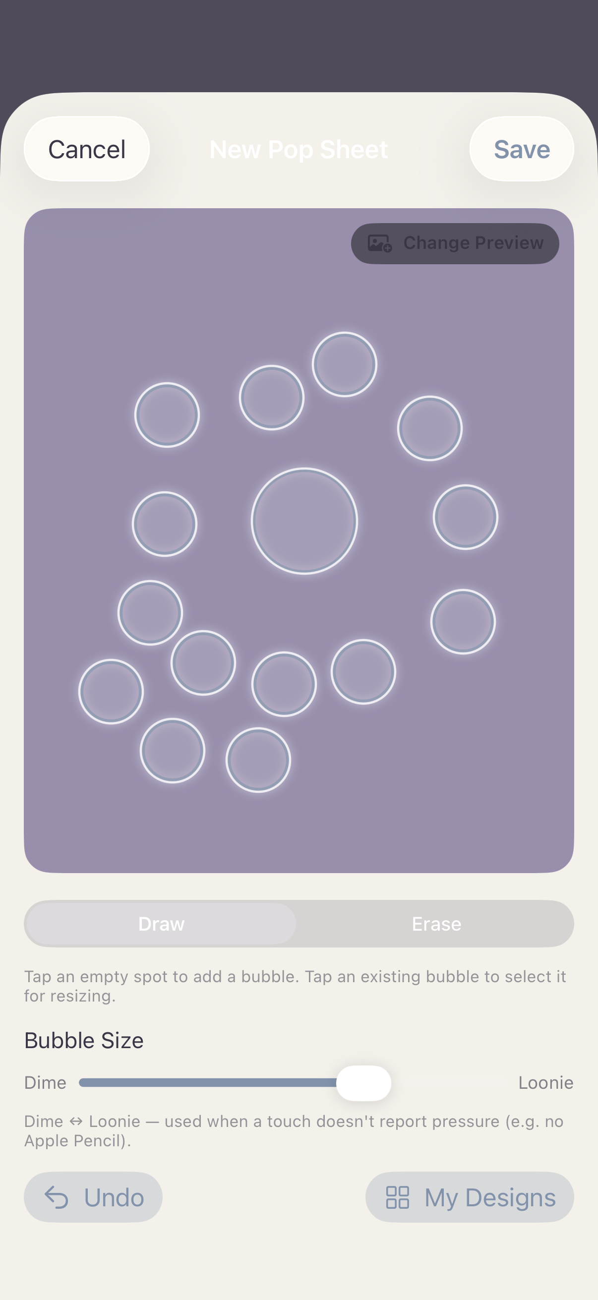 Swipe Tune's Pop Sheet screen, showing a custom bubble layout drawn over a photo, ready to be popped
